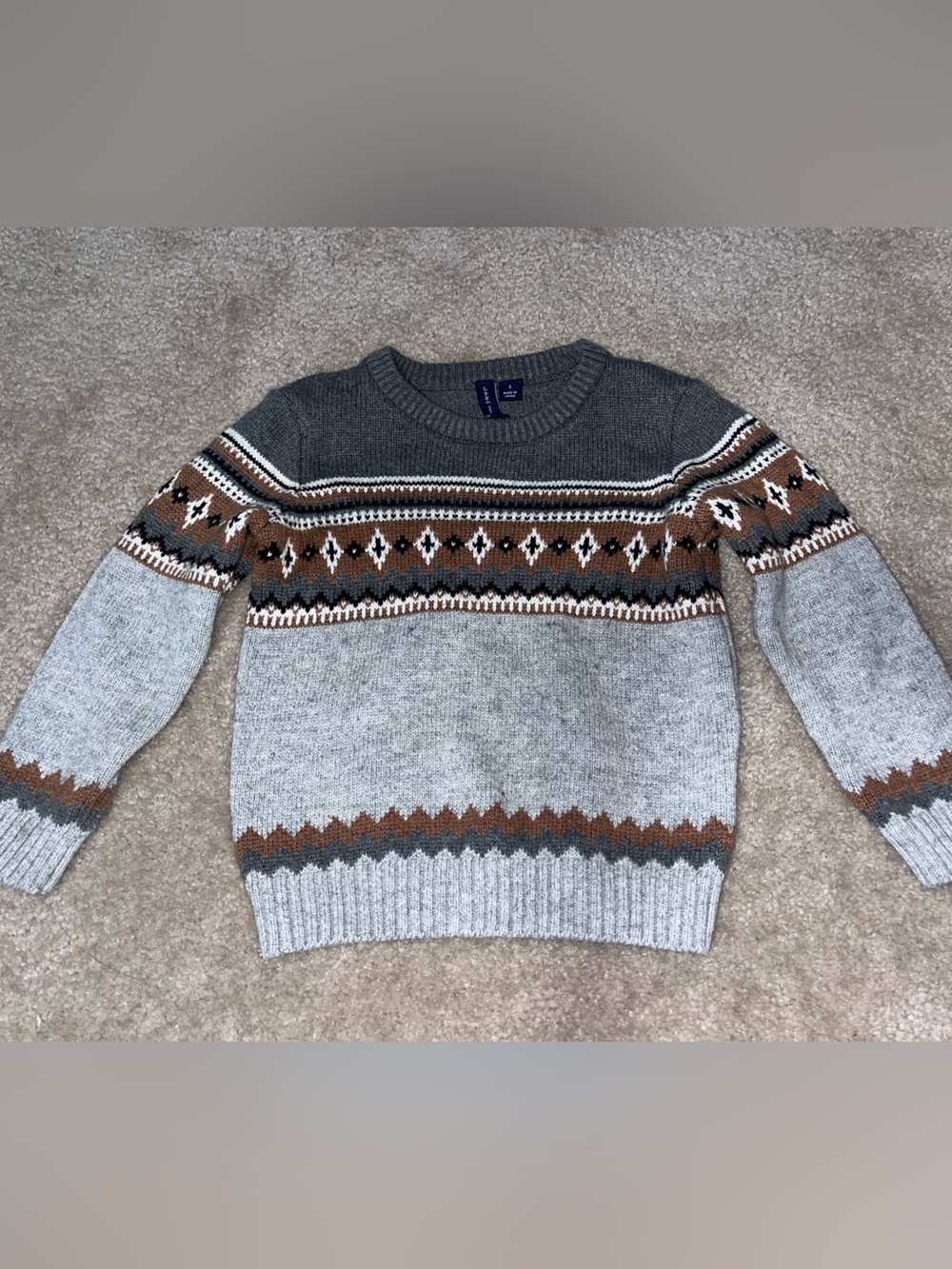 Janie and Jack Fair Isle Crewneck Sweater in Gray, Charcoal & Brown